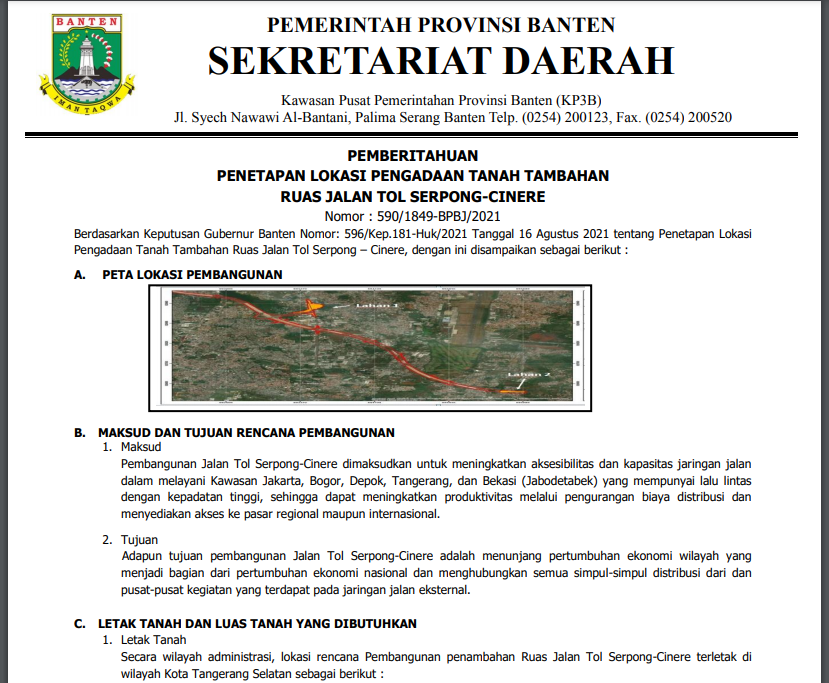 Pemberitahuan Penetapan Lokasi Pengadaan Tanah Tambahan Ruas Jalan Tol Serpong-Cinere
