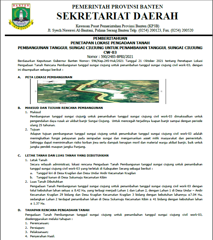 Pemberitahuan Penetapan Lokasi Pengadaan Tanah Pembangunan Tanggul Sungai Ciujung Untuk Penambahan Tanggul Sungai Ciujung CW-03
