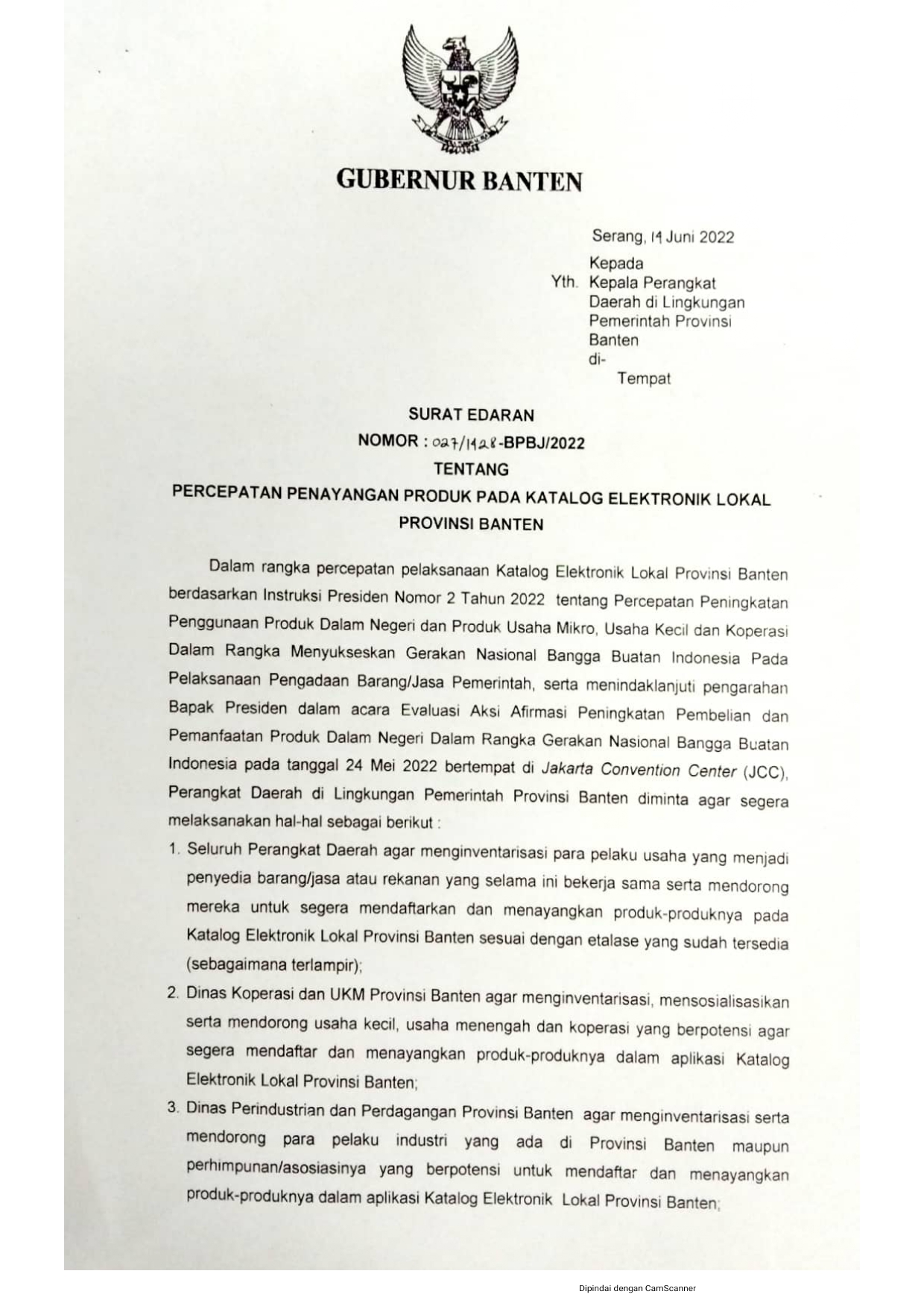 Surat Edaran Nomor:027/1428-BPBJ/2022 Tentang Percepatan Penayangan Produk Pada Katalog Elektronik Lokal Provinsi Banten.