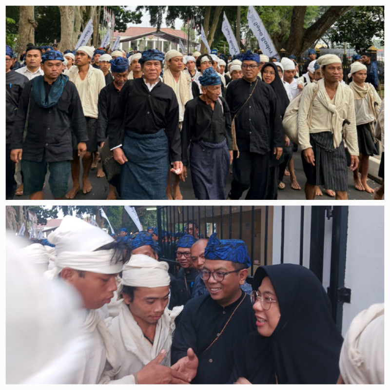 Gubernur Banten, Andra Soni sebagai Bapak Gede melakukan Mumuluk Bareng (Sarapan Pagi Bersama;red) dengan masyarakat Baduy di Halaman Gedung Negara Provinsi Banten Jl Brigjen KH Syam’un No. 5 Kota Serang, Minggu (4/5/2025).