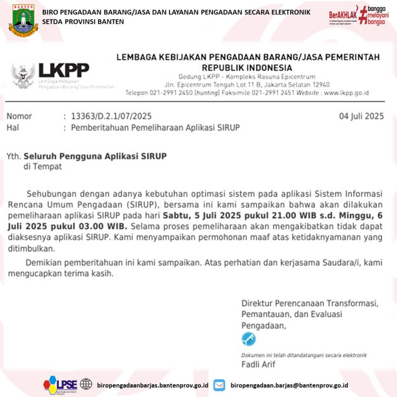 Pemeliharaan SIRUP oleh LKPP RI